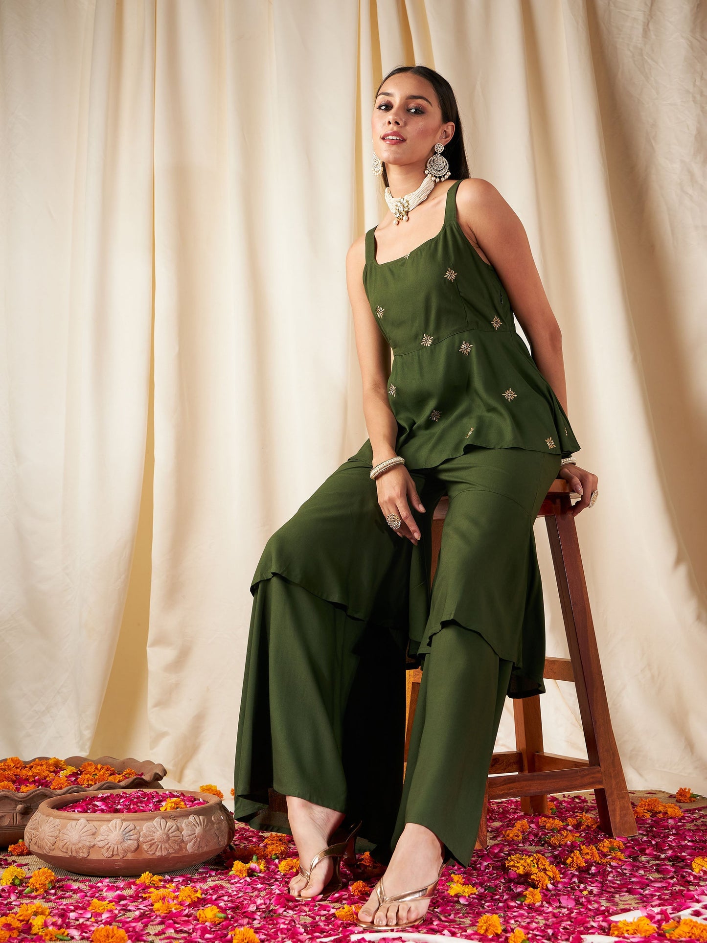 Olive Zari Embroidered Strappy Top