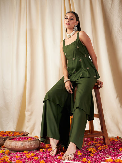 Olive Zari Embroidered Strappy Top