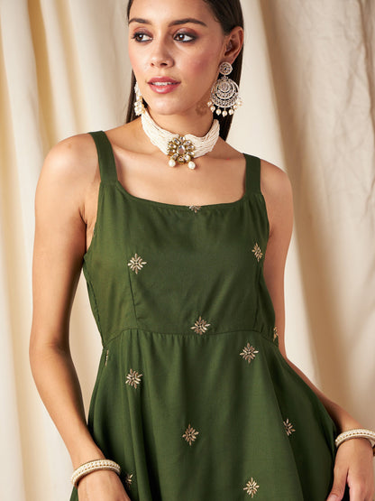 Olive Zari Embroidered Strappy Top
