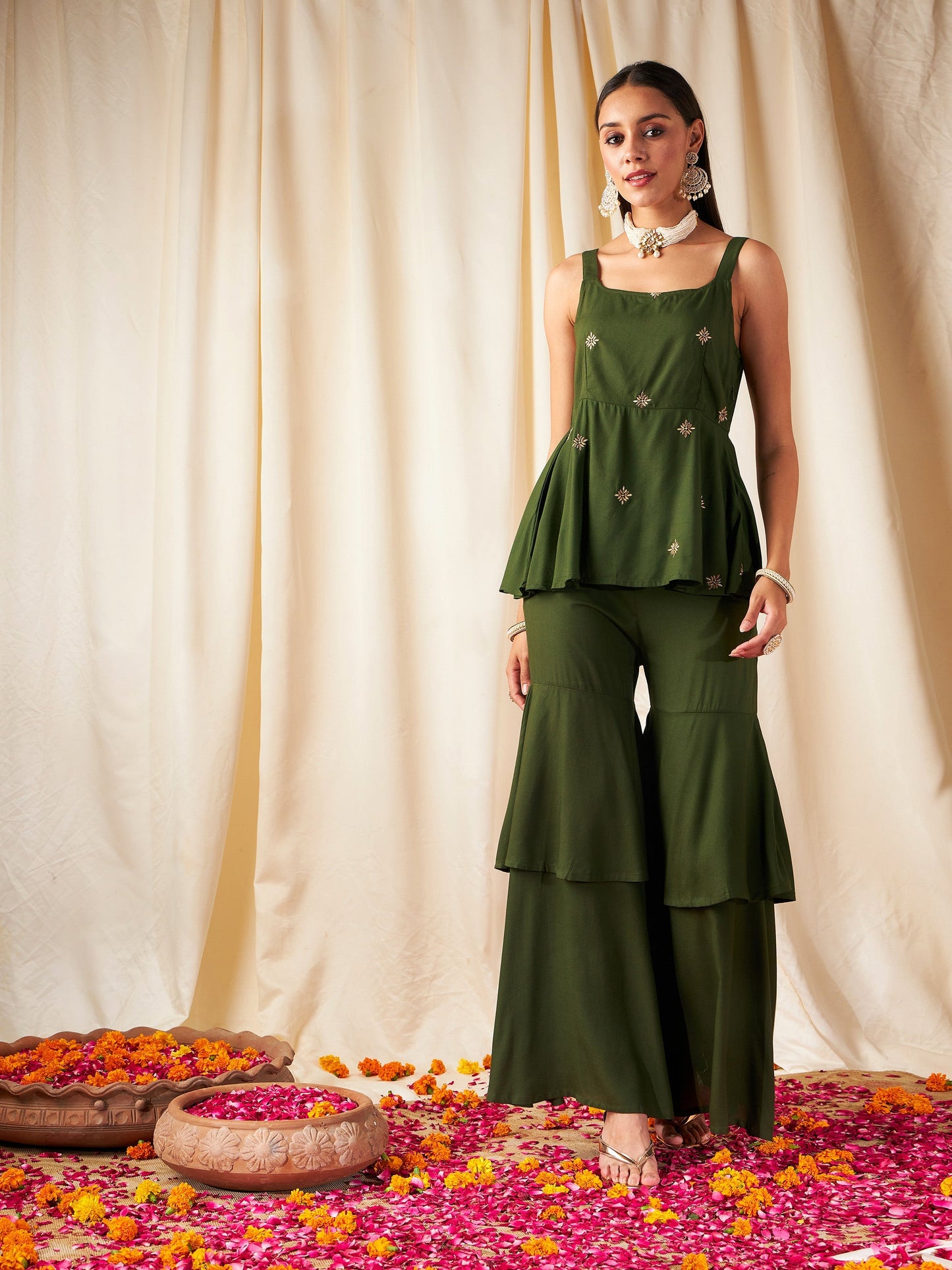 Olive Zari Embroidered Strappy Top