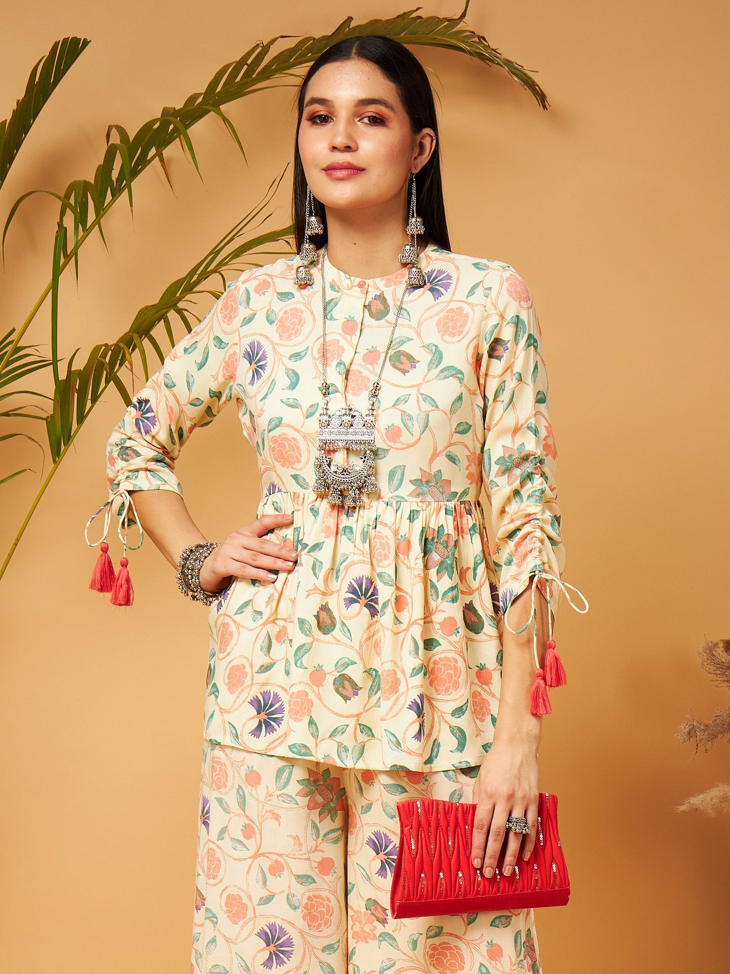 Beige Floral Ruched Sleeve Top