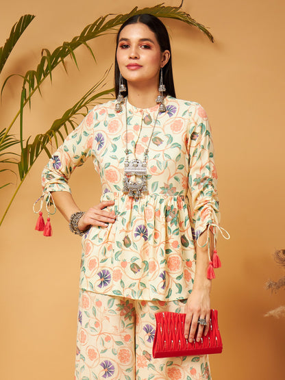 Beige Floral Ruched Sleeve Top