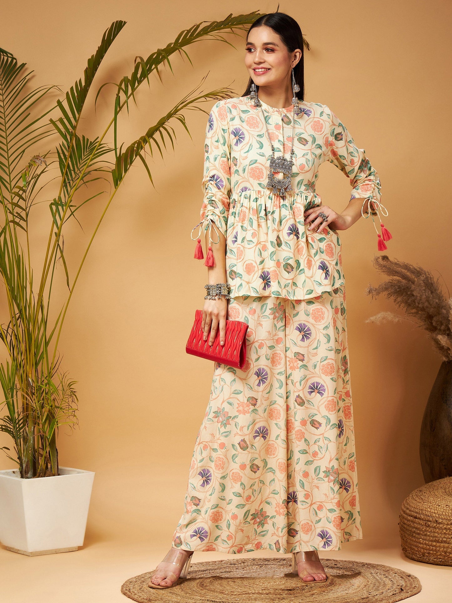 Beige Floral Ruched Sleeve Top
