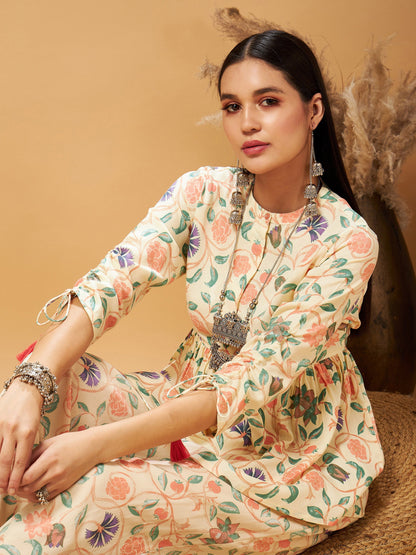 Beige Floral Ruched Sleeve Top