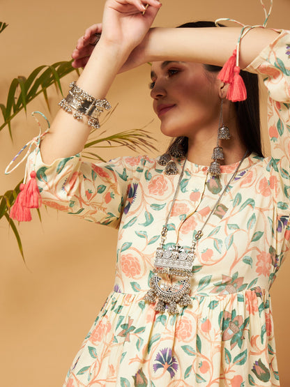 Beige Floral Ruched Sleeve Top