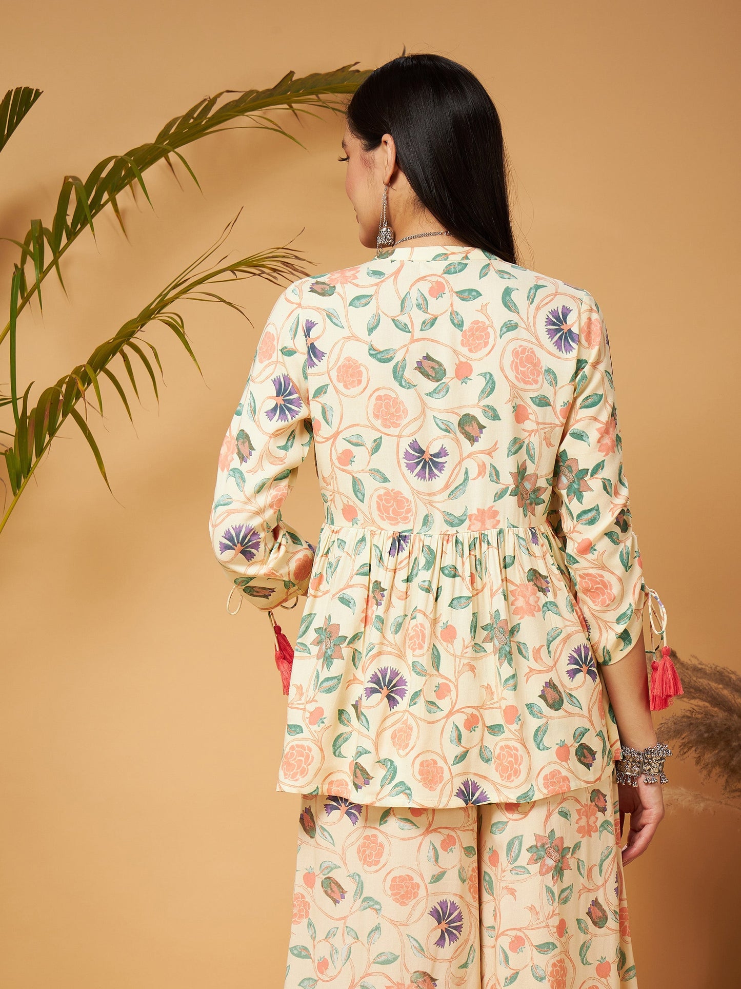 Beige Floral Ruched Sleeve Top