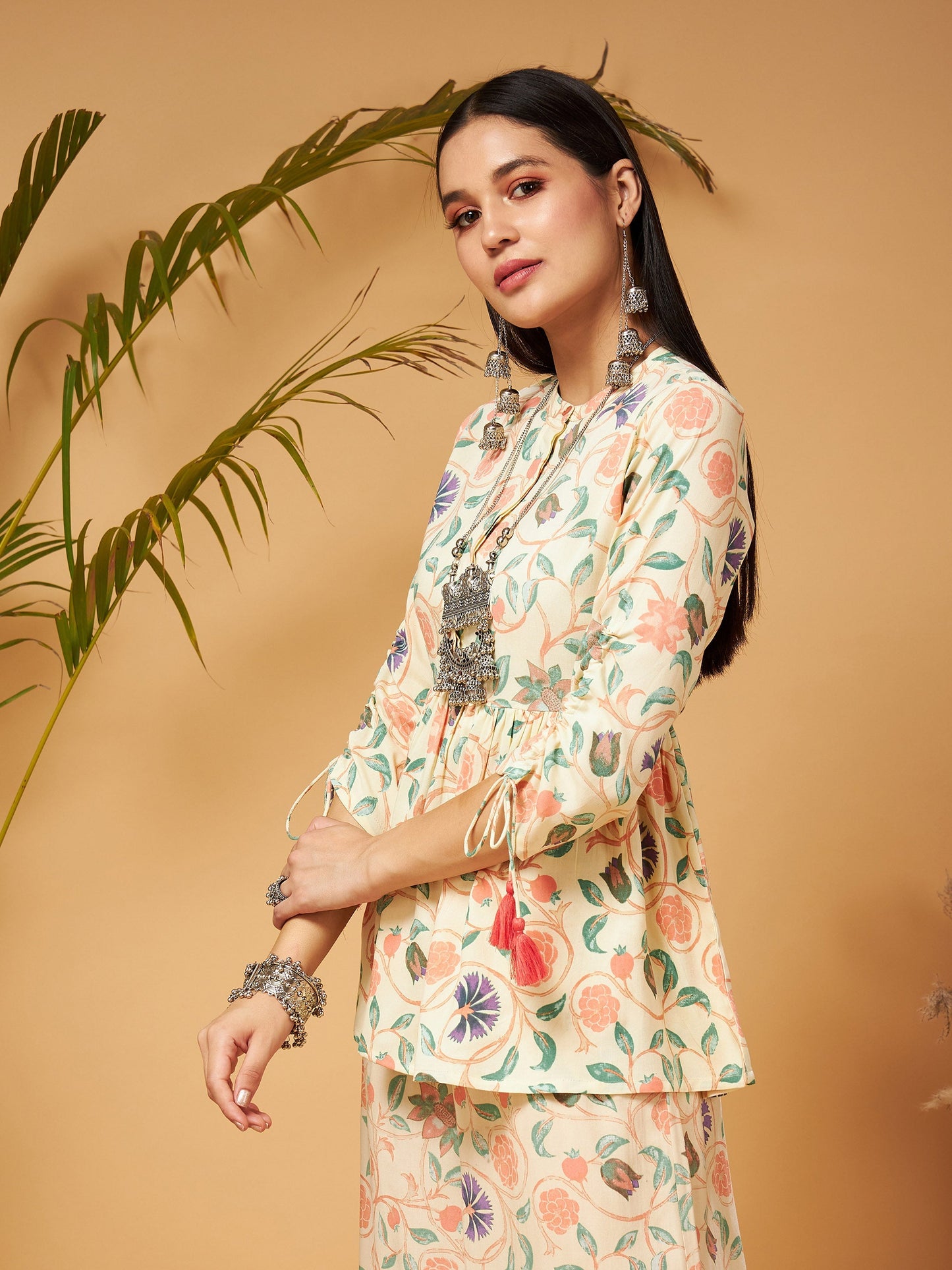 Beige Floral Ruched Sleeve Top