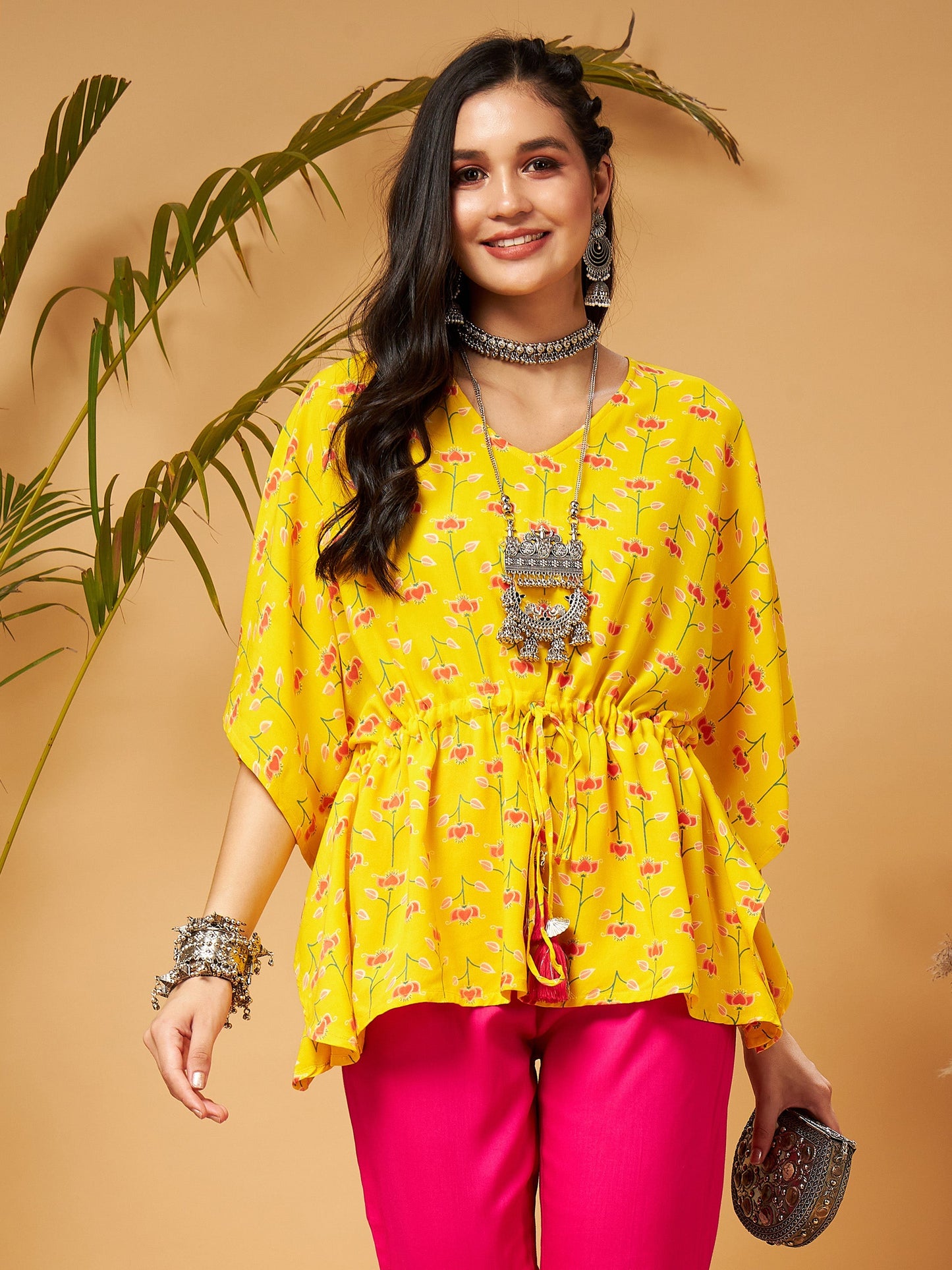 Yellow Floral Short Kaftan Top