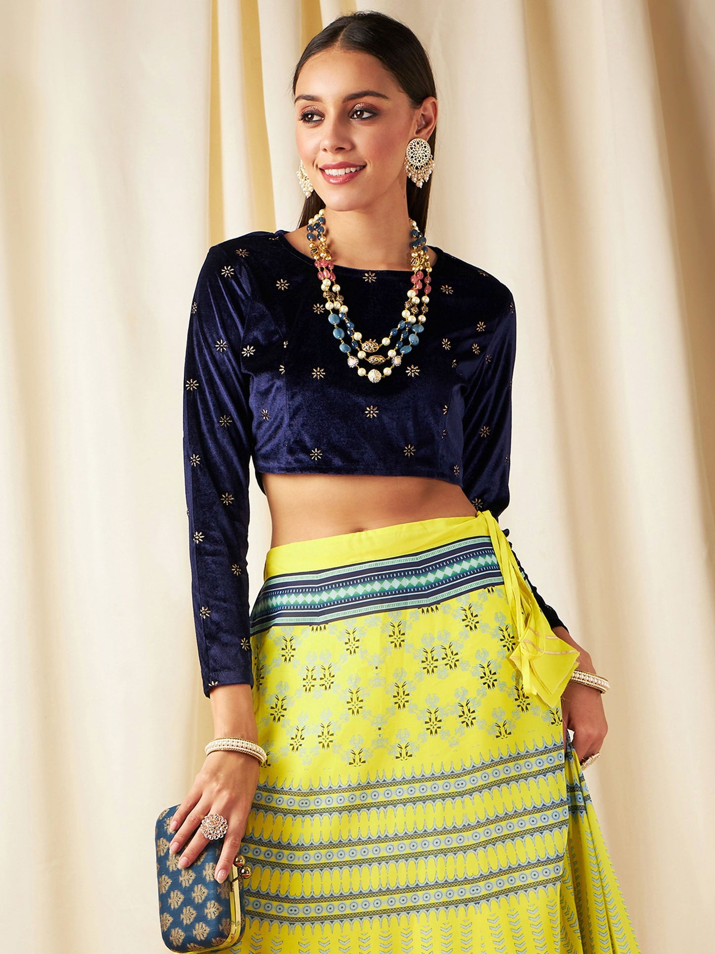 Navy Velvet Embroidered Crop Top