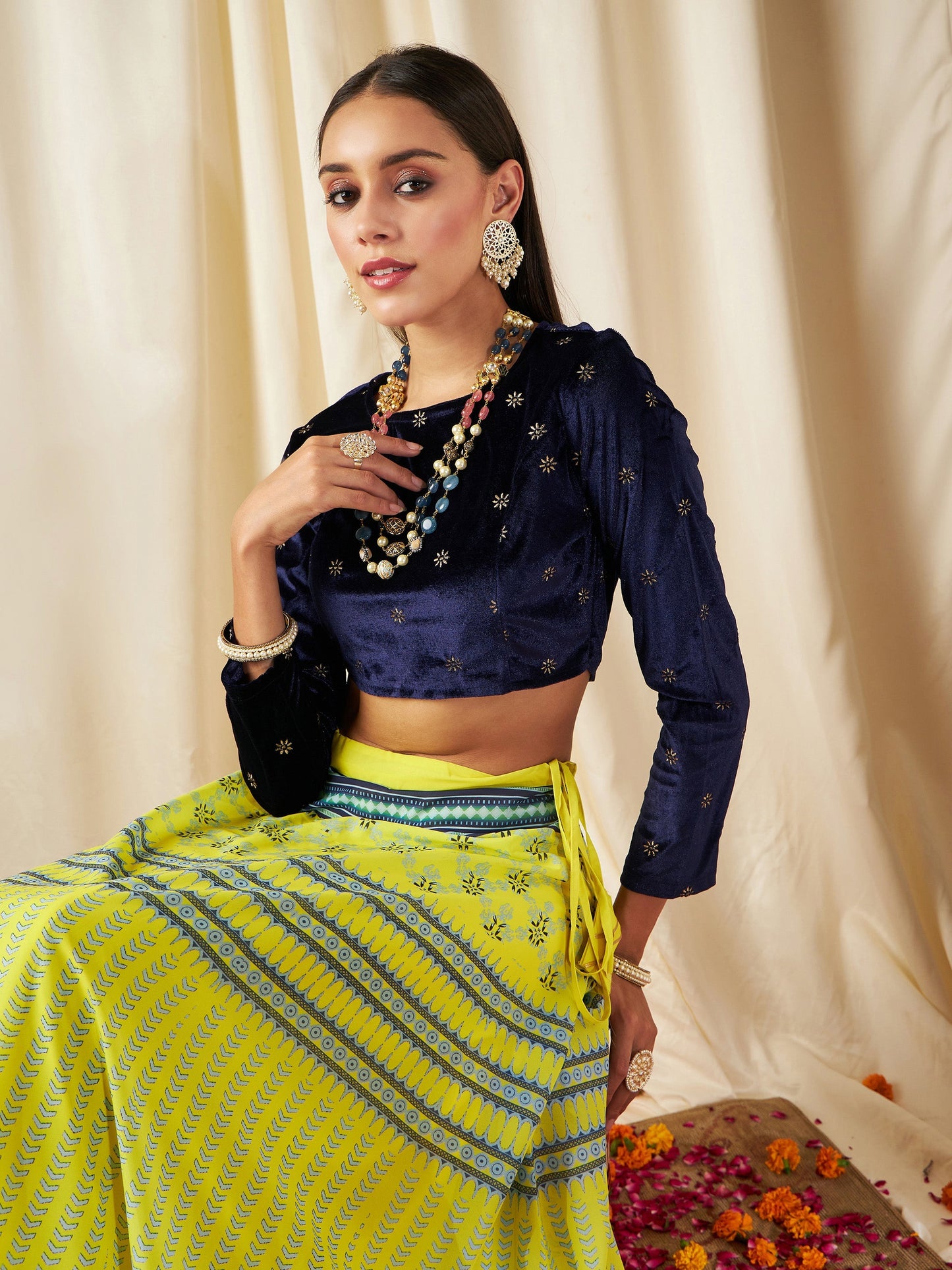 Navy Velvet Embroidered Crop Top