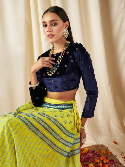 Navy Velvet Embroidered Crop Top