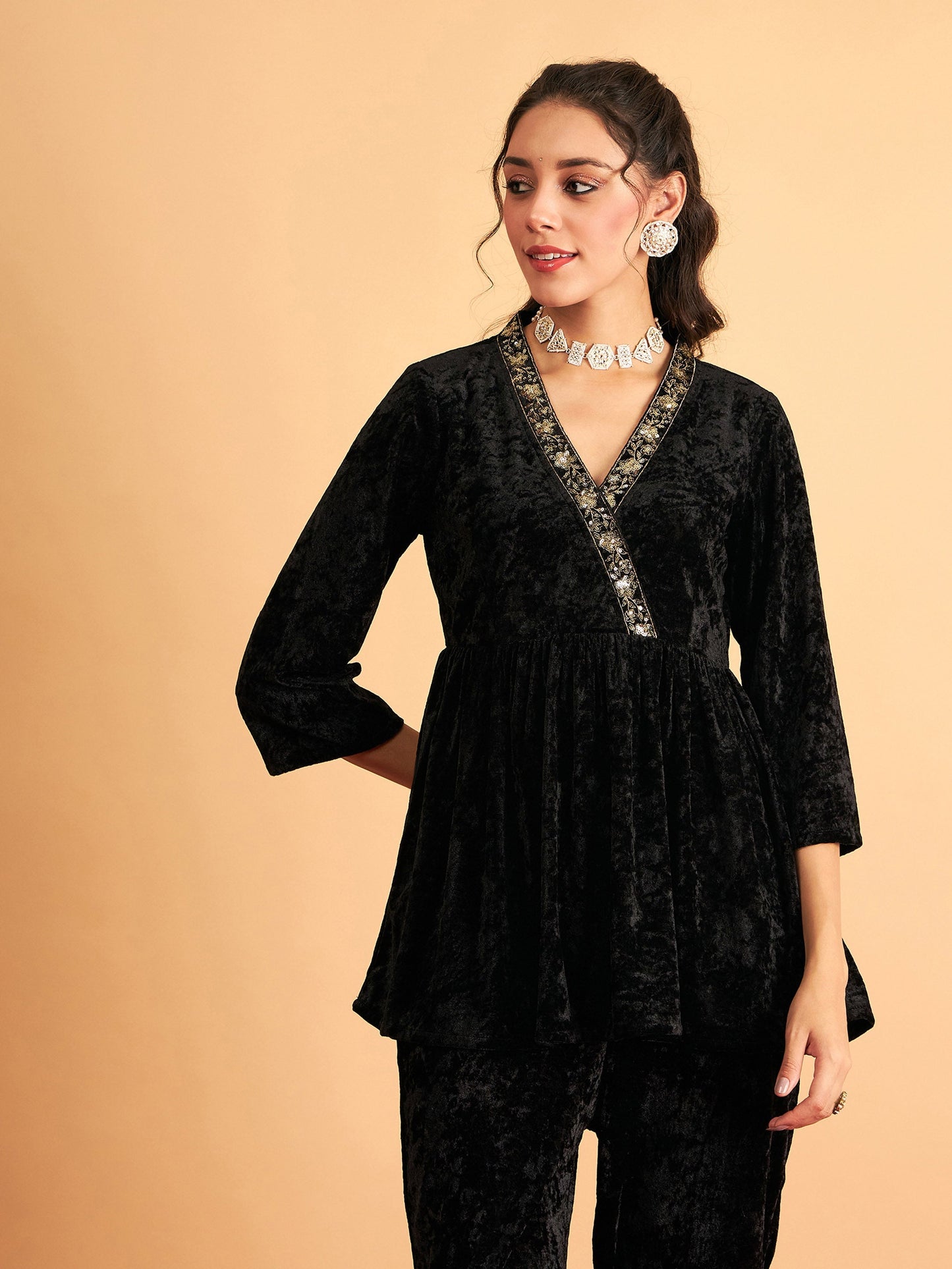 Black Velvet Embroidered Peplum Top