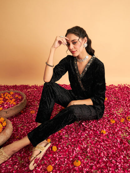 Black Velvet Embroidered Peplum Top