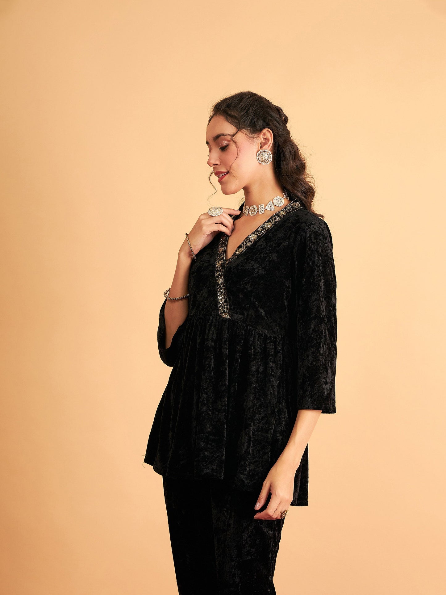 Black Velvet Embroidered Peplum Top