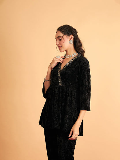 Black Velvet Embroidered Peplum Top