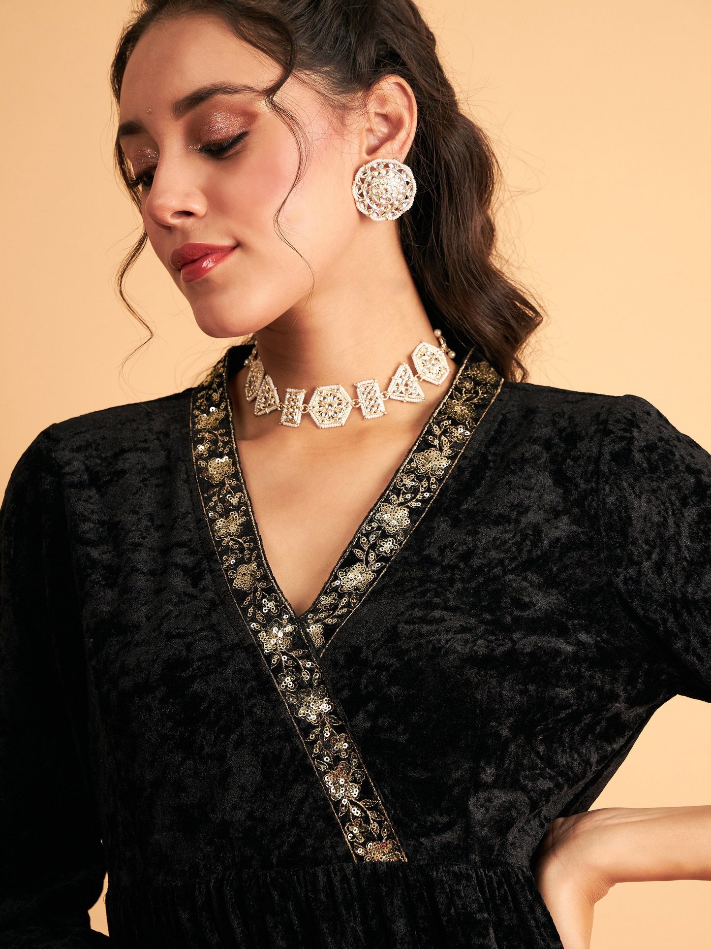 Black Velvet Embroidered Peplum Top