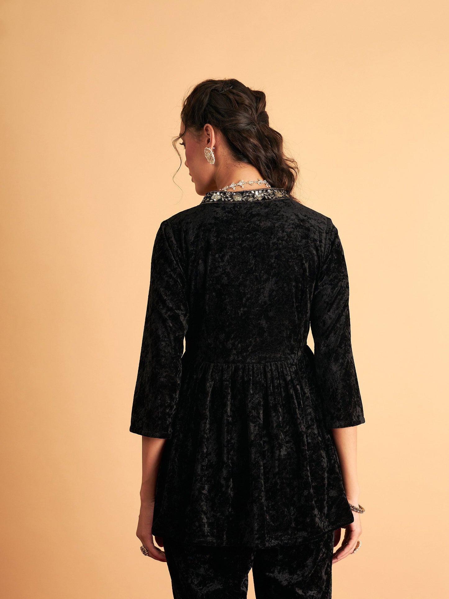 Black Velvet Embroidered Peplum Top