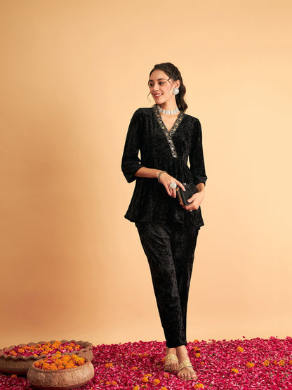 Black Velvet Embroidered Peplum Top
