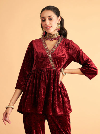 Maroon Velvet Embroidered Peplum Top