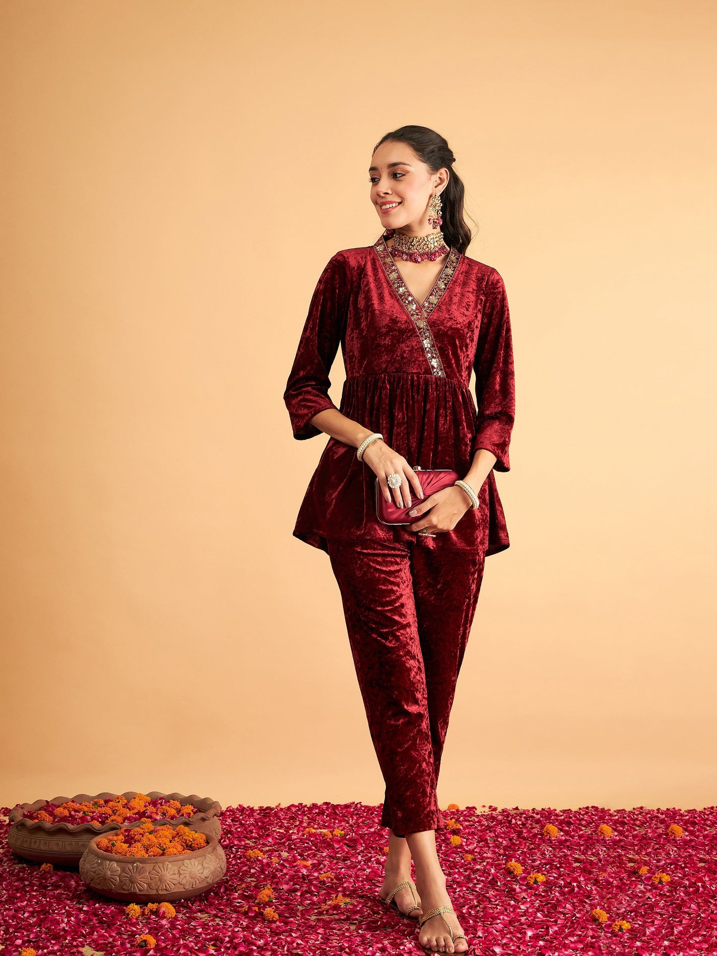 Maroon Velvet Embroidered Peplum Top