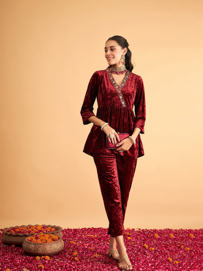 Maroon Velvet Embroidered Peplum Top