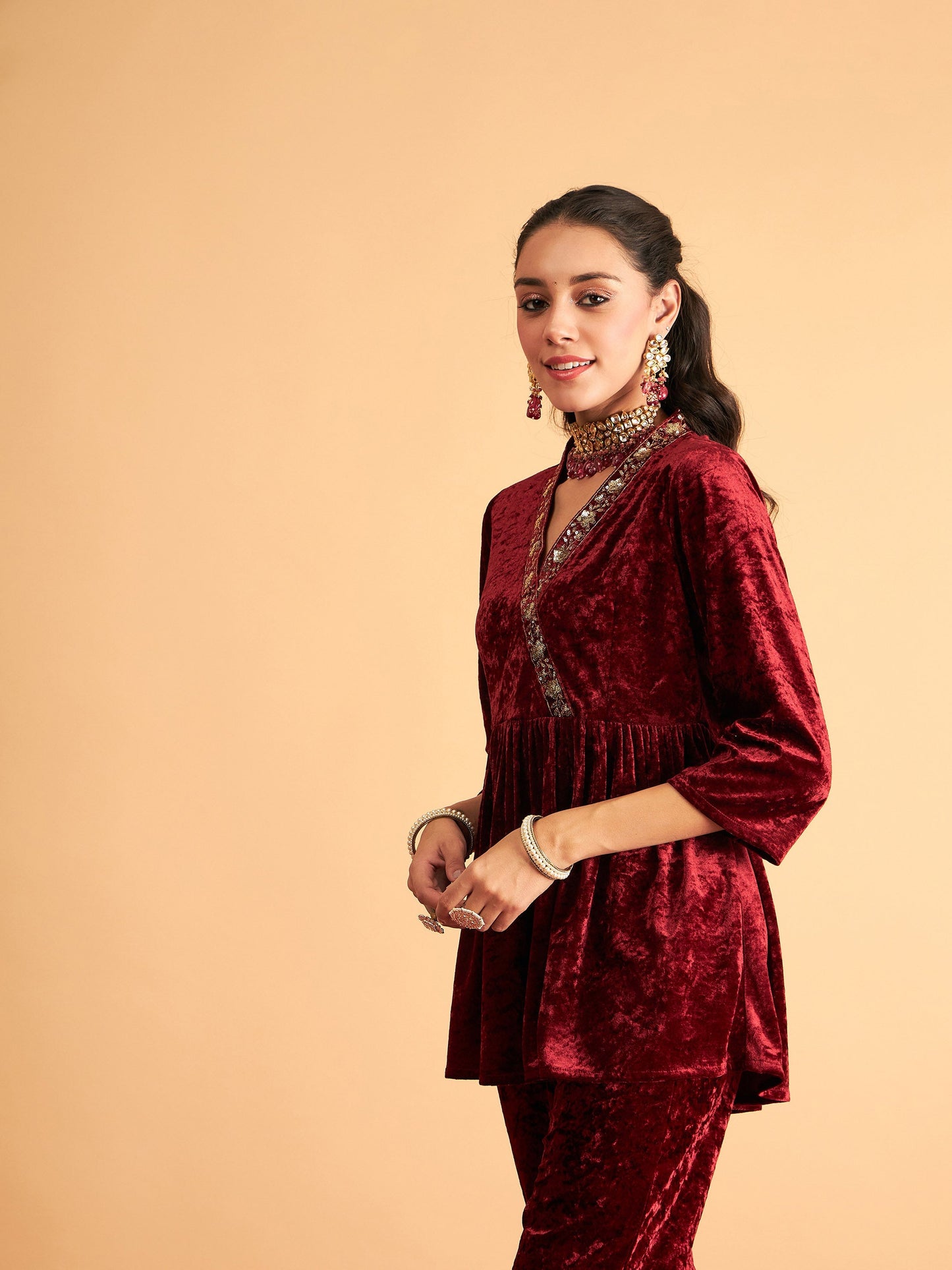 Maroon Velvet Embroidered Peplum Top