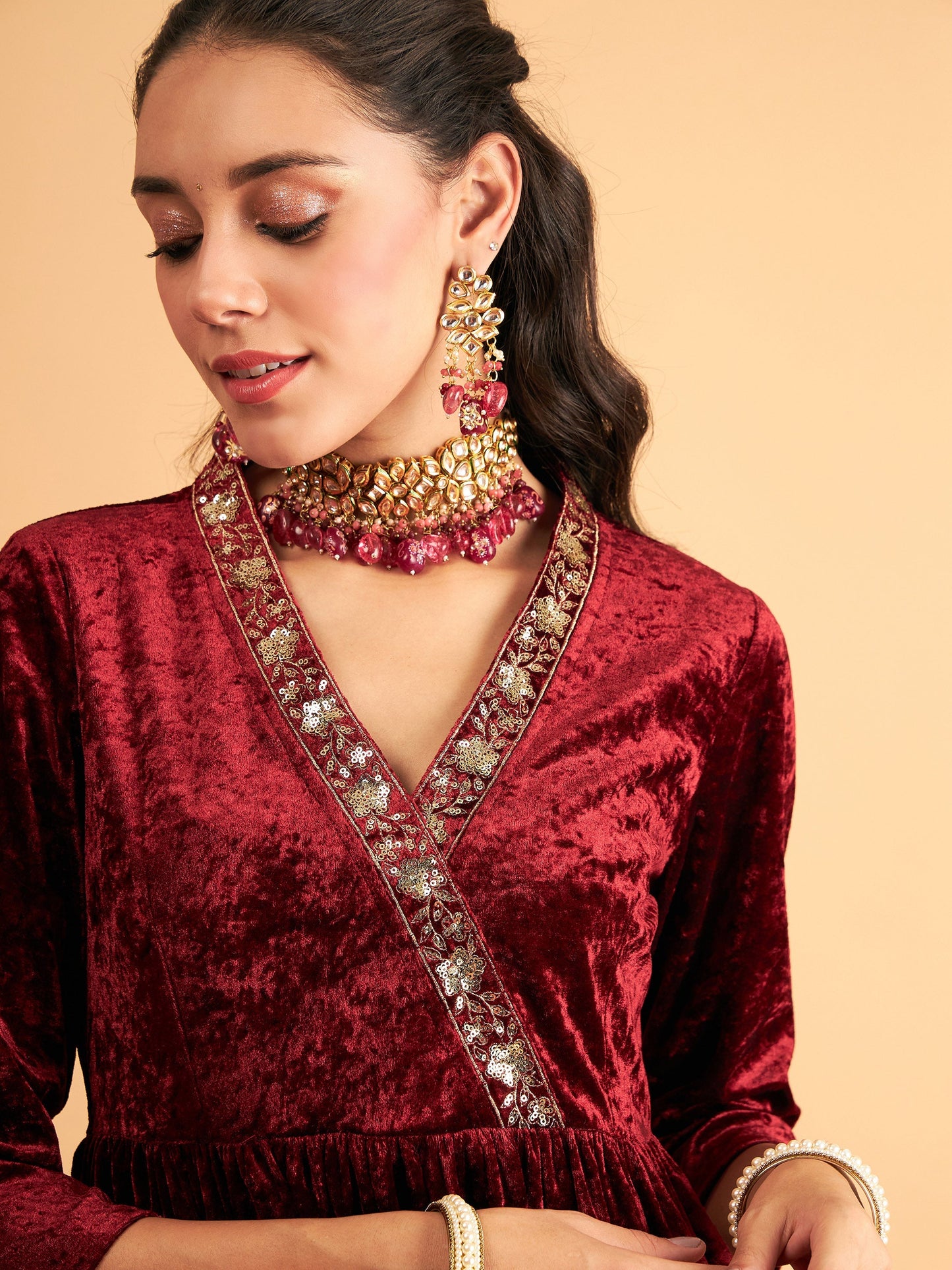 Maroon Velvet Embroidered Peplum Top