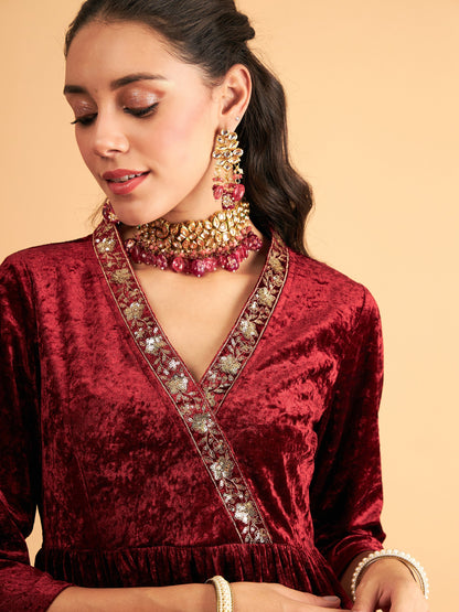 Maroon Velvet Embroidered Peplum Top