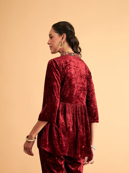 Maroon Velvet Embroidered Peplum Top