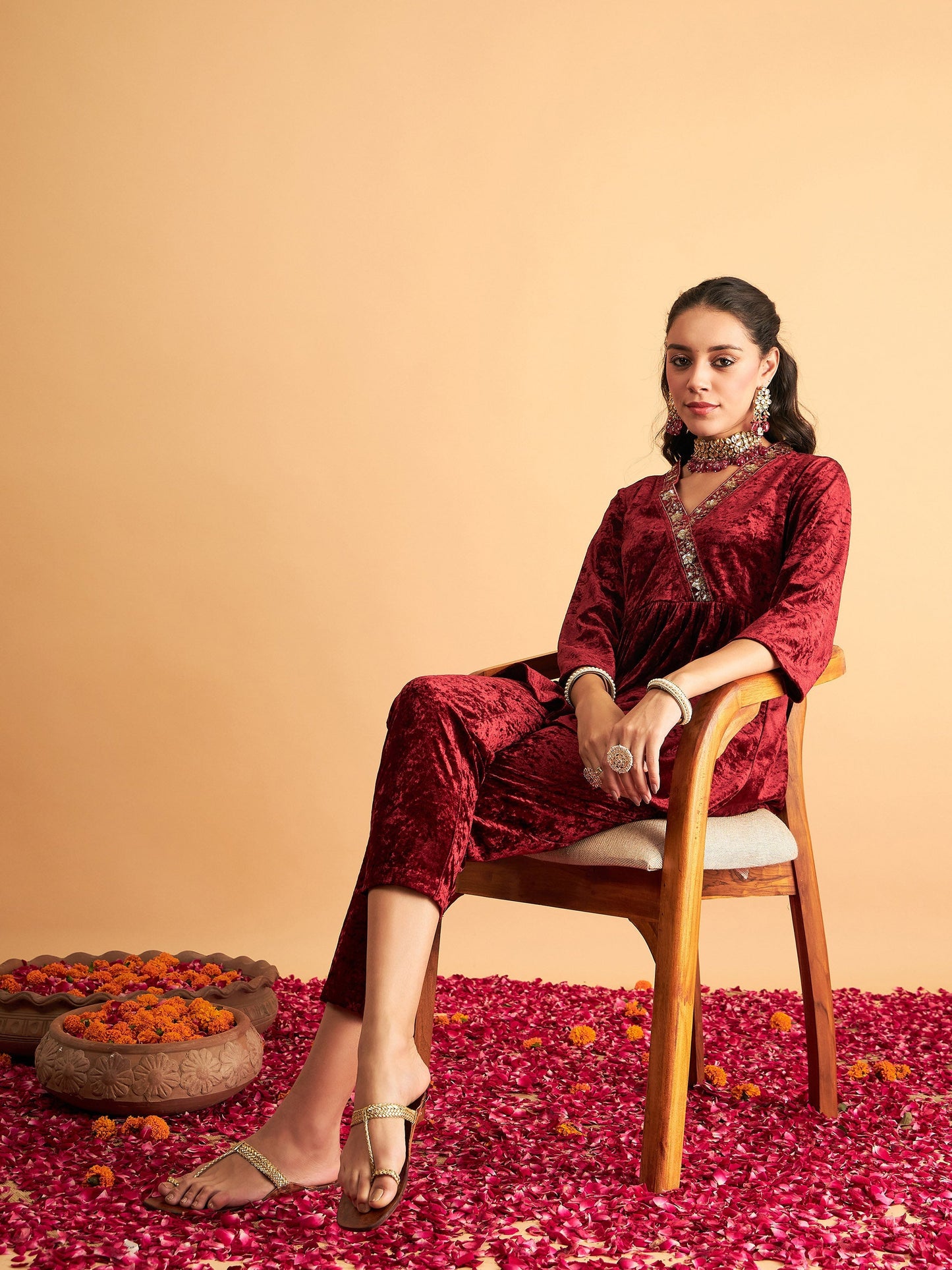 Maroon Velvet Embroidered Peplum Top