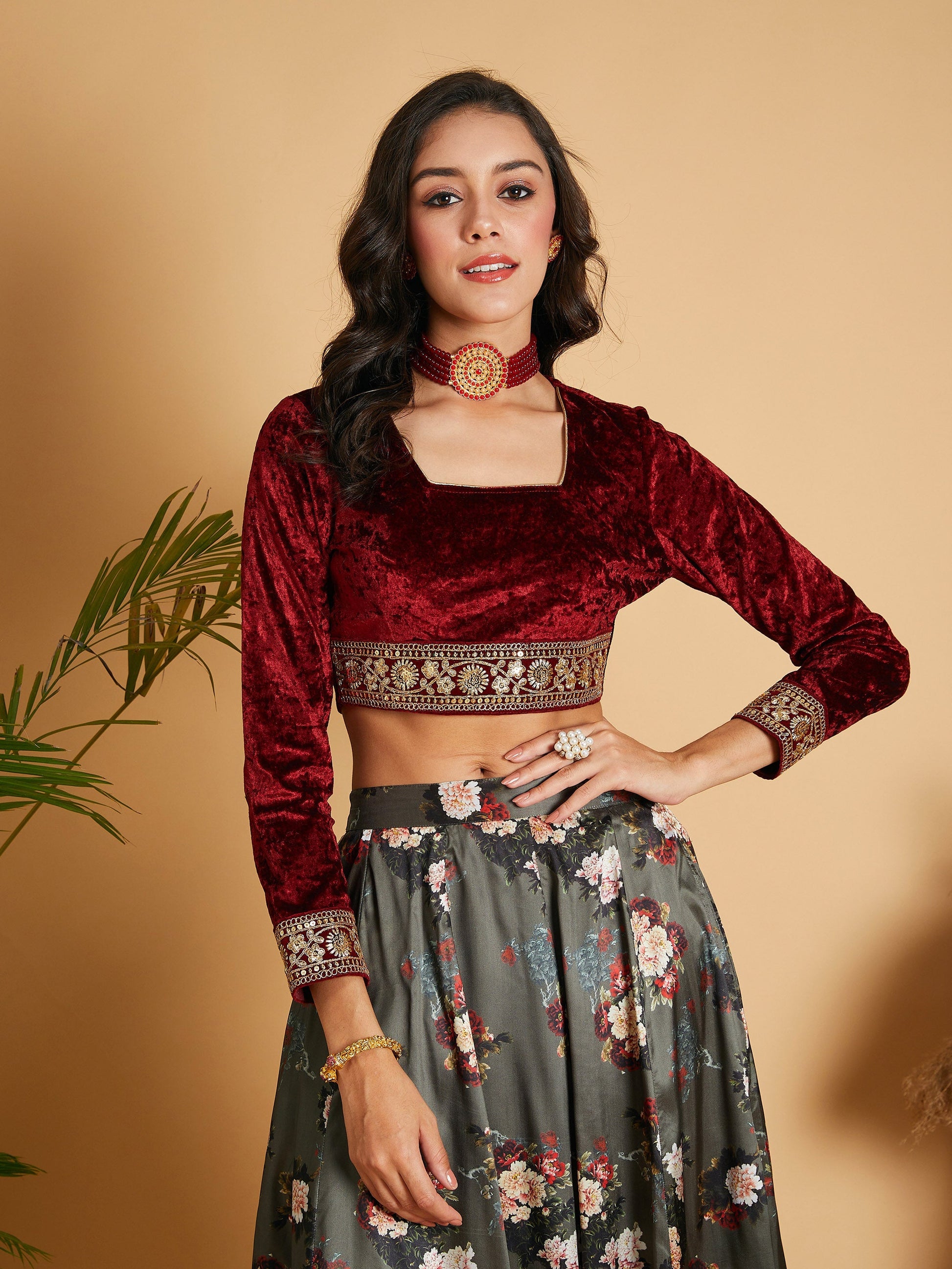 Maroon Velvet Embroidered Crop Top-Shae by SASSAFRAS