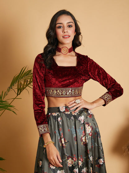 Maroon Velvet Embroidered Crop Top-Shae by SASSAFRAS