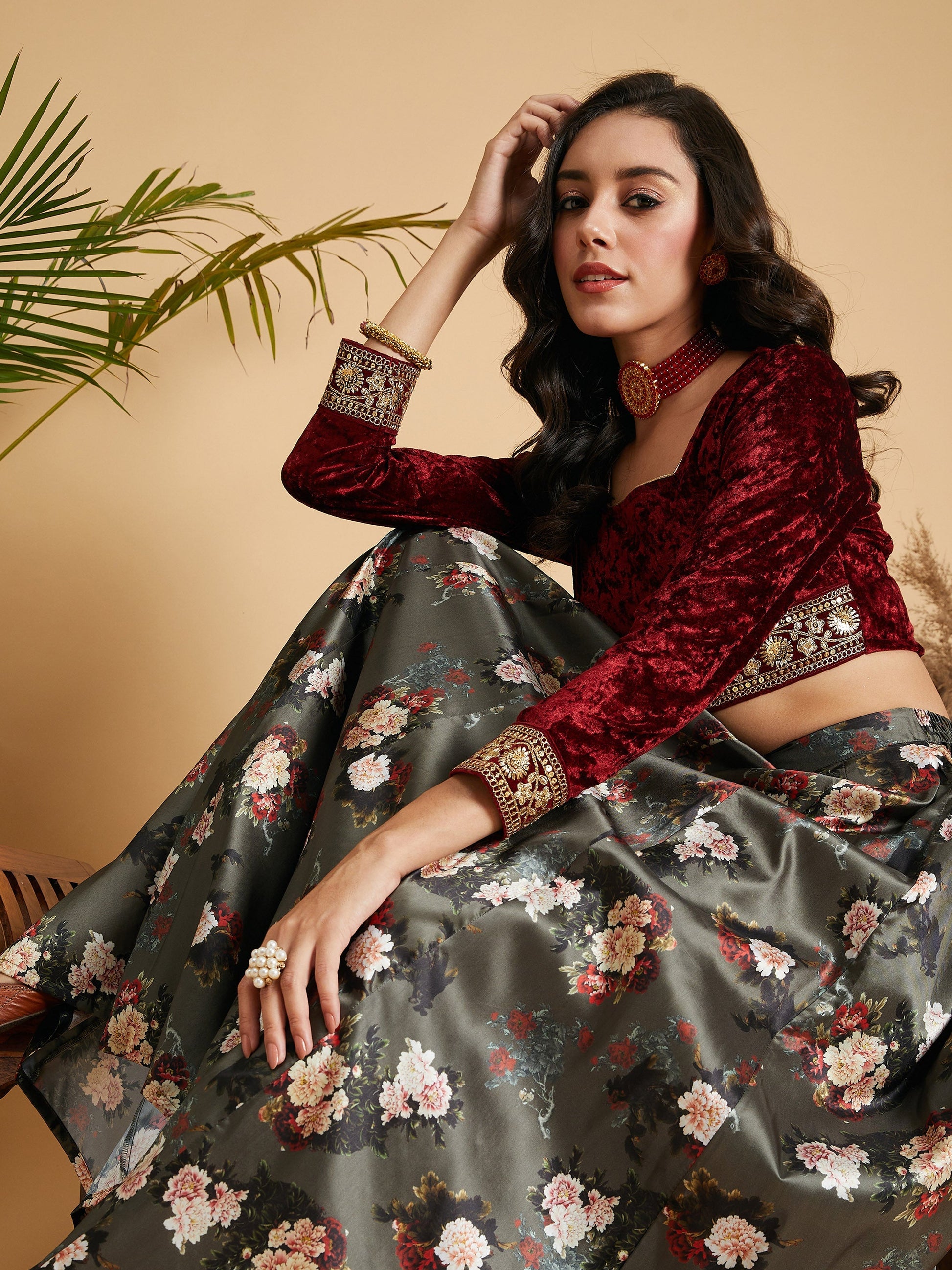 Maroon Velvet Embroidered Crop Top-Shae by SASSAFRAS