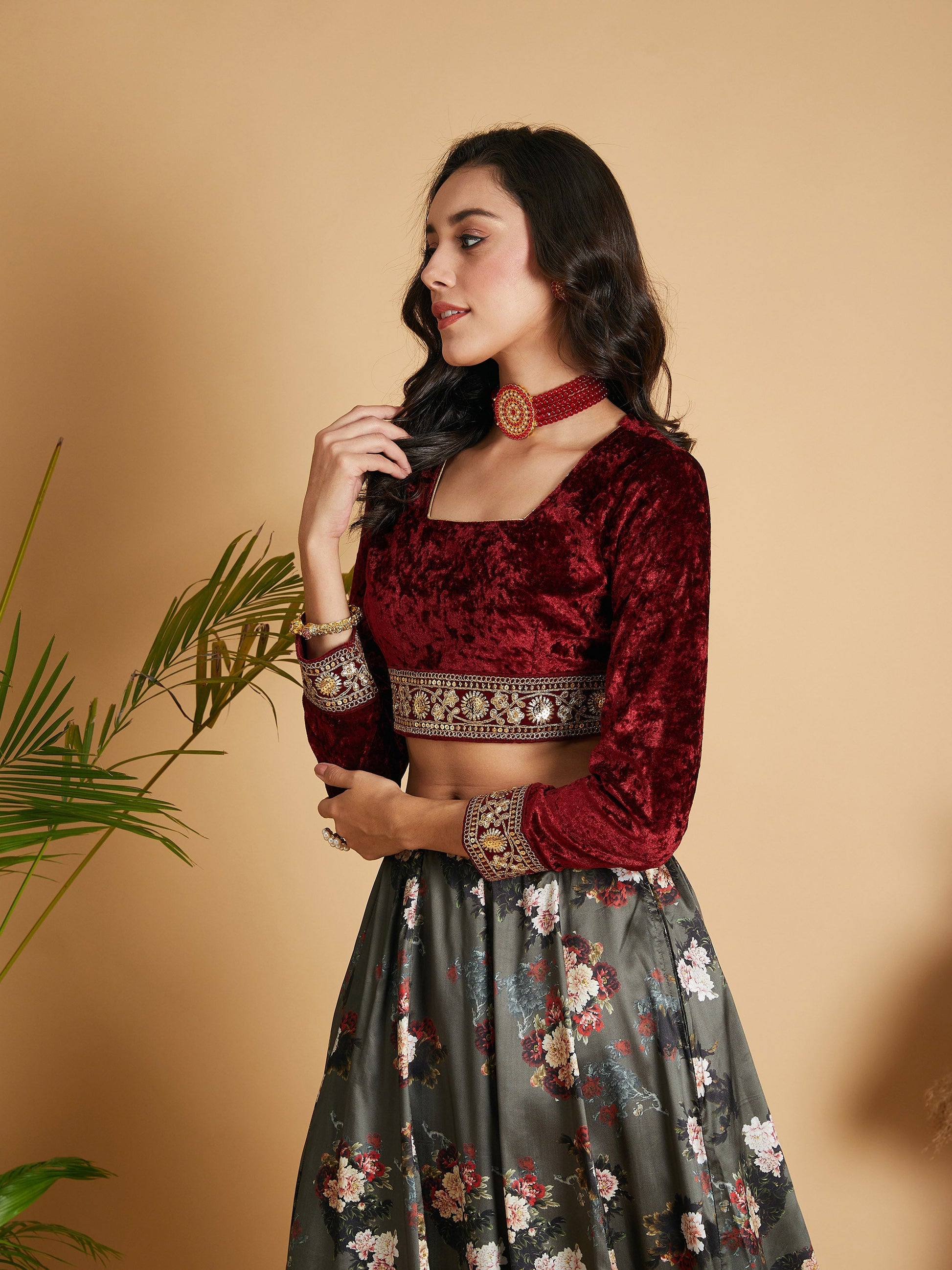 Maroon Velvet Embroidered Crop Top-Shae by SASSAFRAS