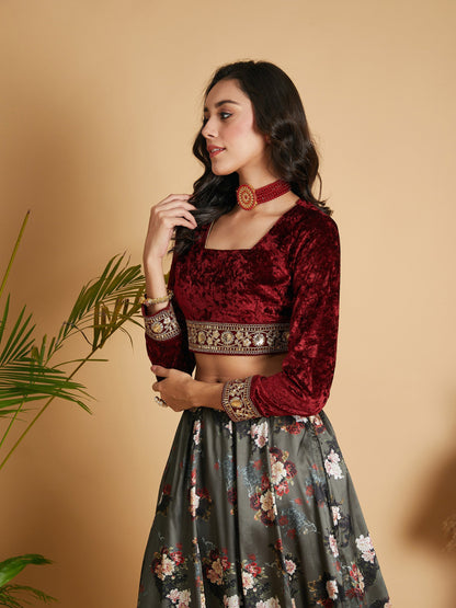 Maroon Velvet Embroidered Crop Top-Shae by SASSAFRAS