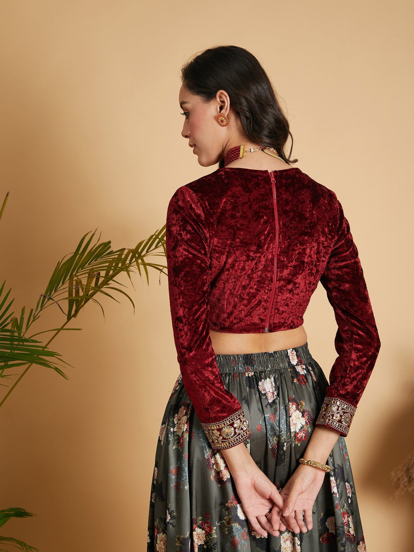 Maroon Velvet Embroidered Crop Top-Shae by SASSAFRAS
