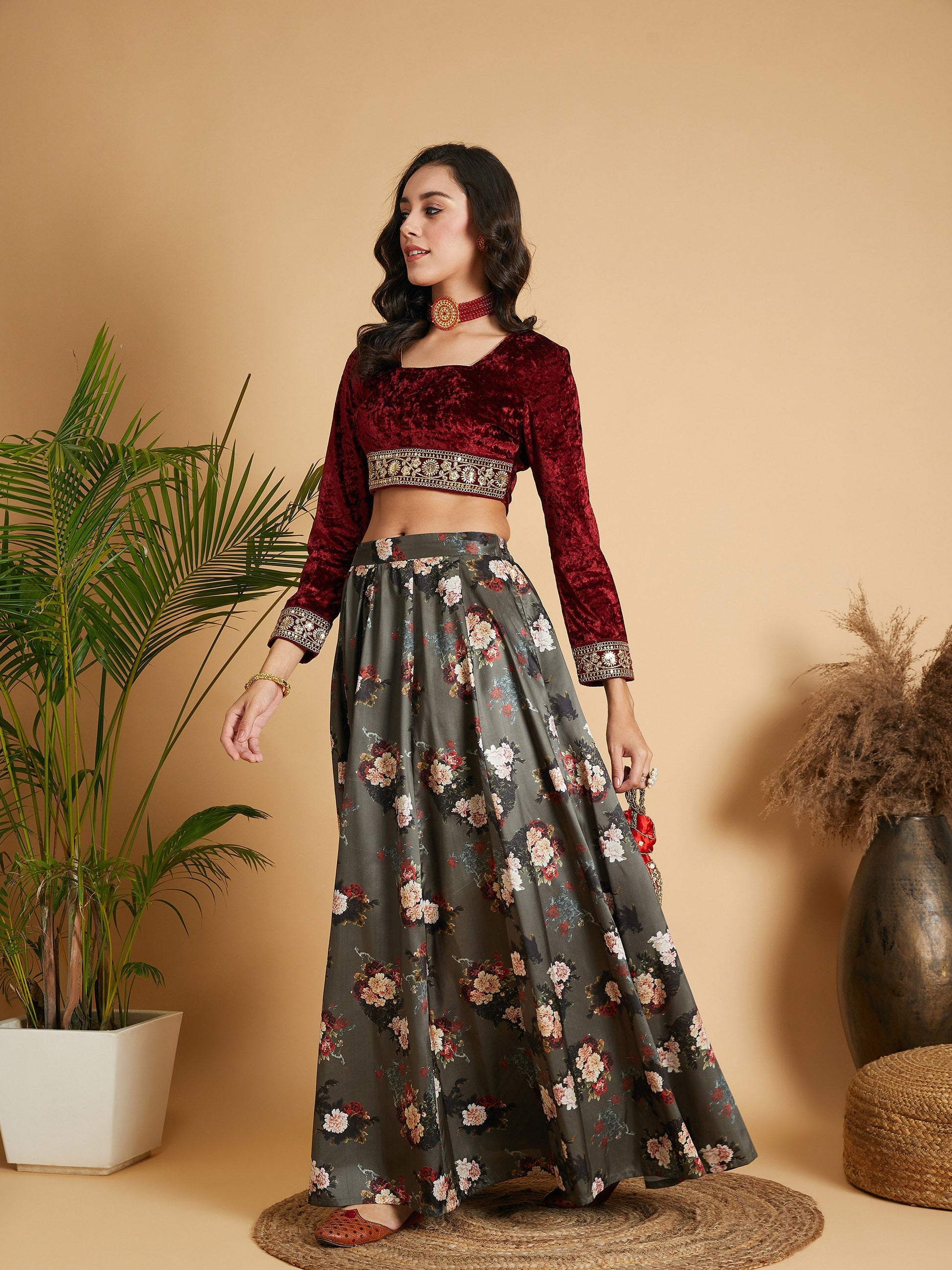 Maroon Velvet Embroidered Crop Top-Shae by SASSAFRAS