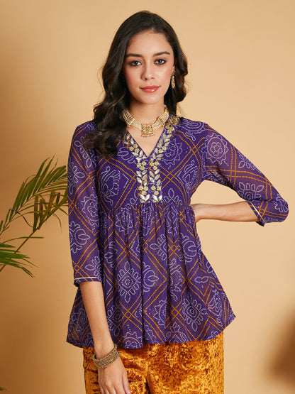 Purple & White Bandhej Wrap Peplum Top