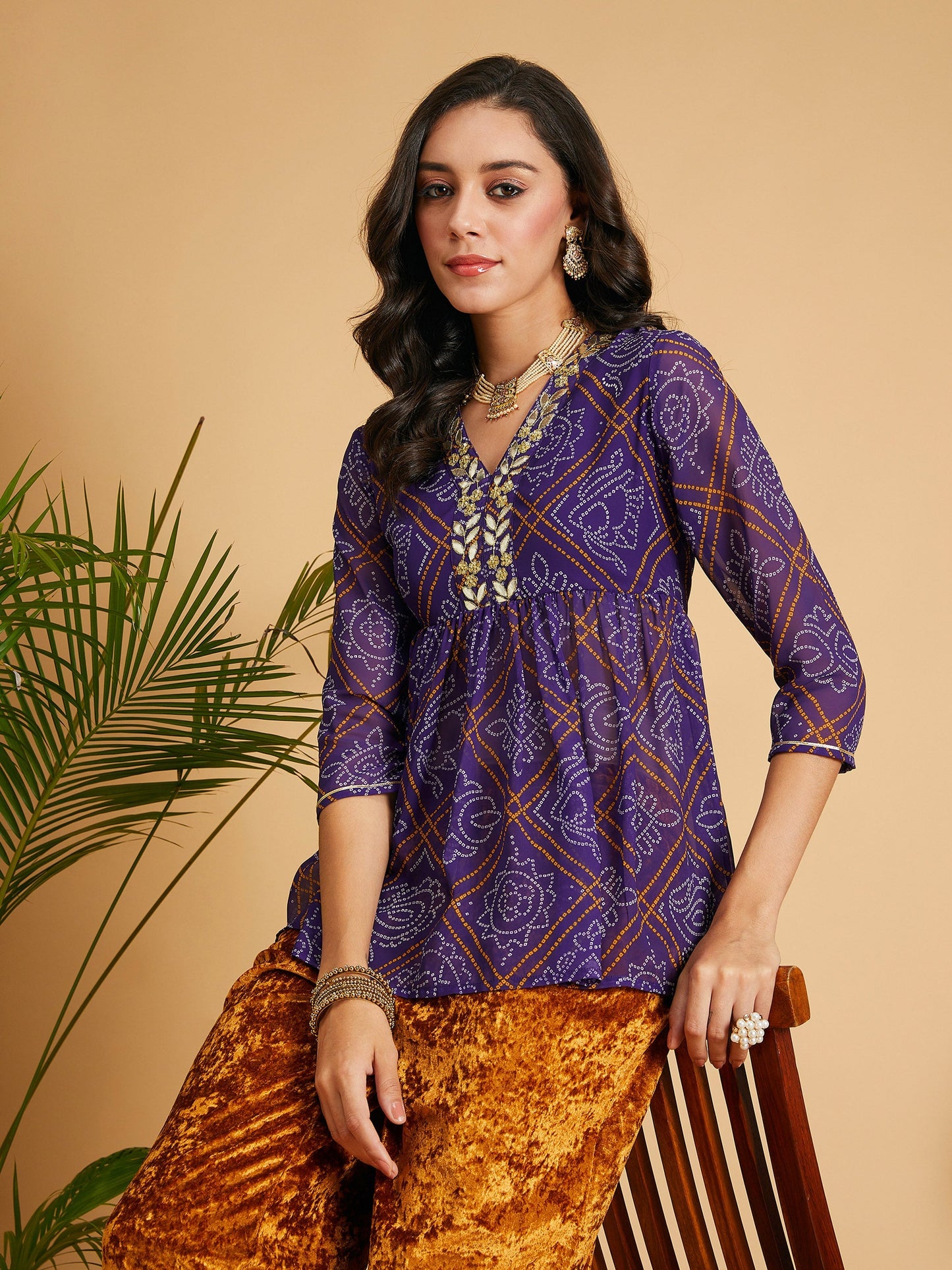 Purple & White Bandhej Wrap Peplum Top