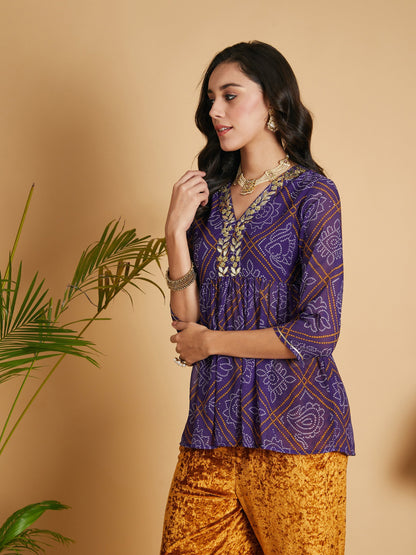 Purple & White Bandhej Wrap Peplum Top