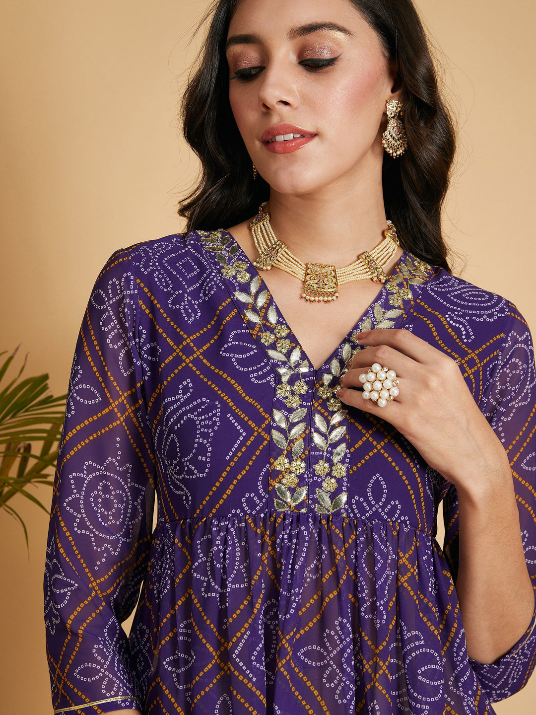 Purple &amp; White Bandhej Wrap Peplum Top