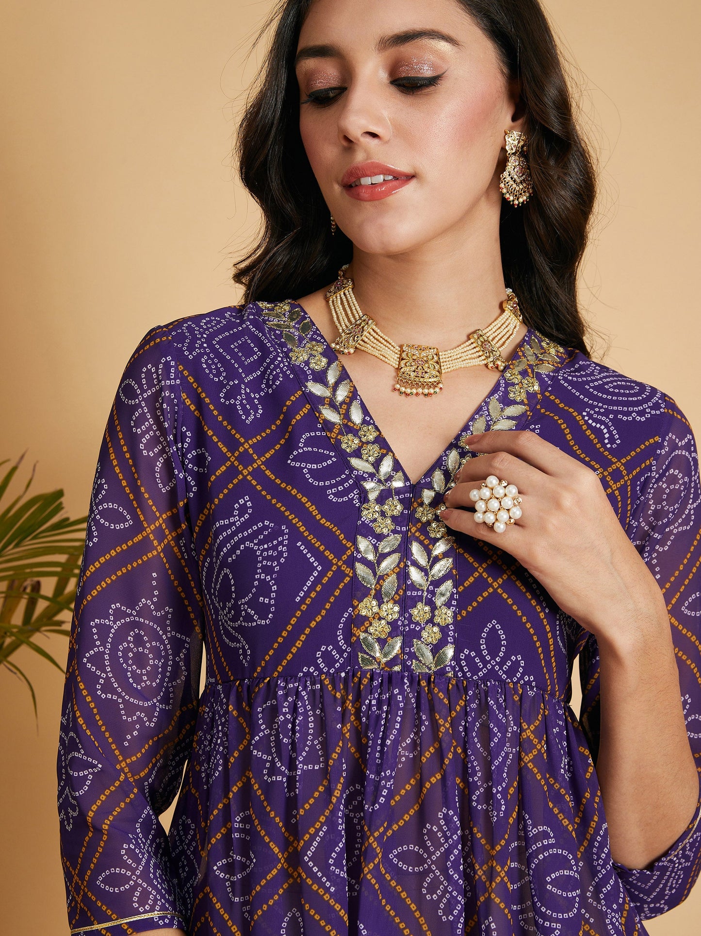 Purple & White Bandhej Wrap Peplum Top