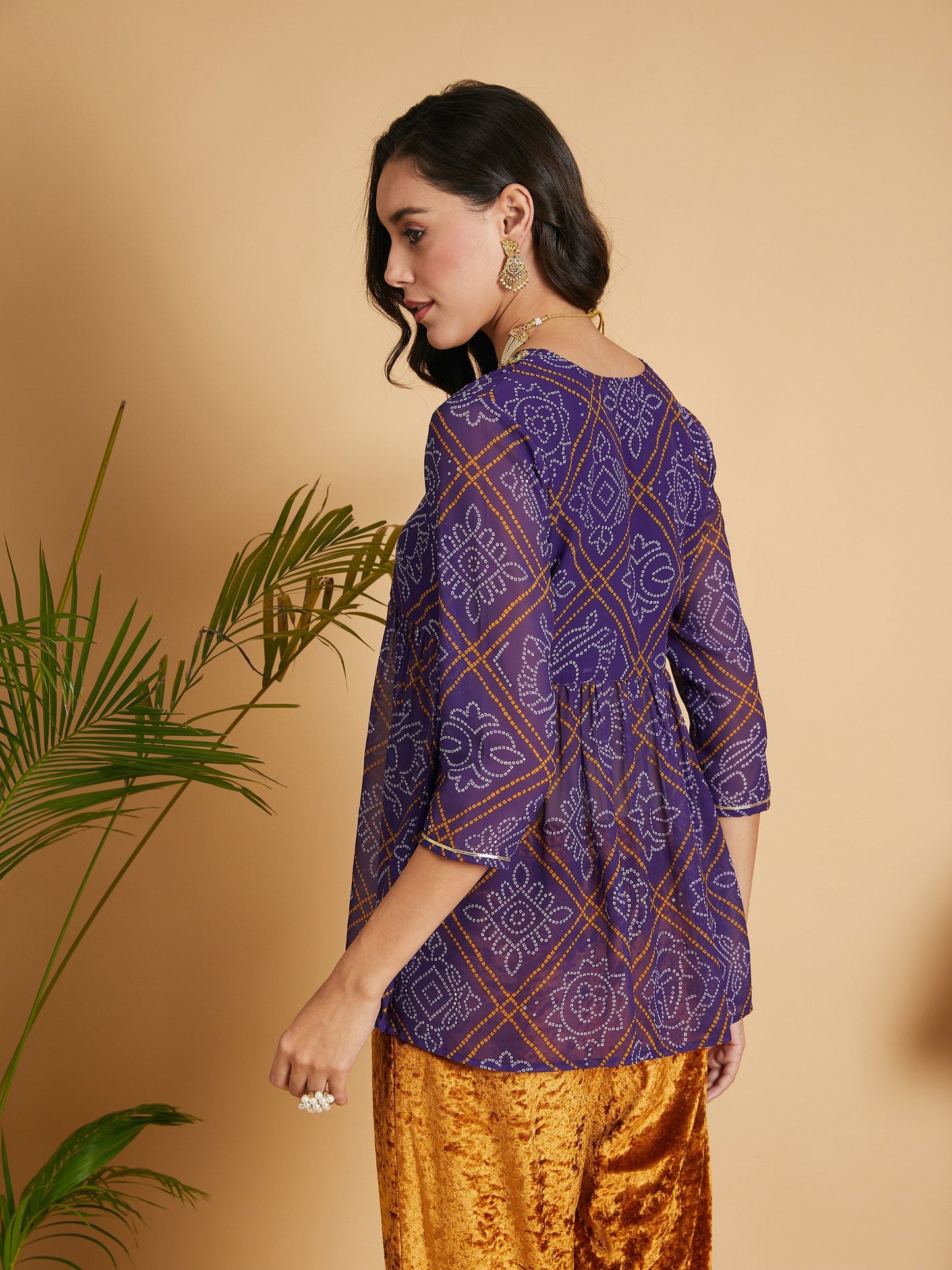 Purple & White Bandhej Wrap Peplum Top