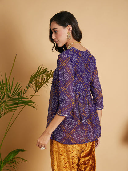 Purple & White Bandhej Wrap Peplum Top