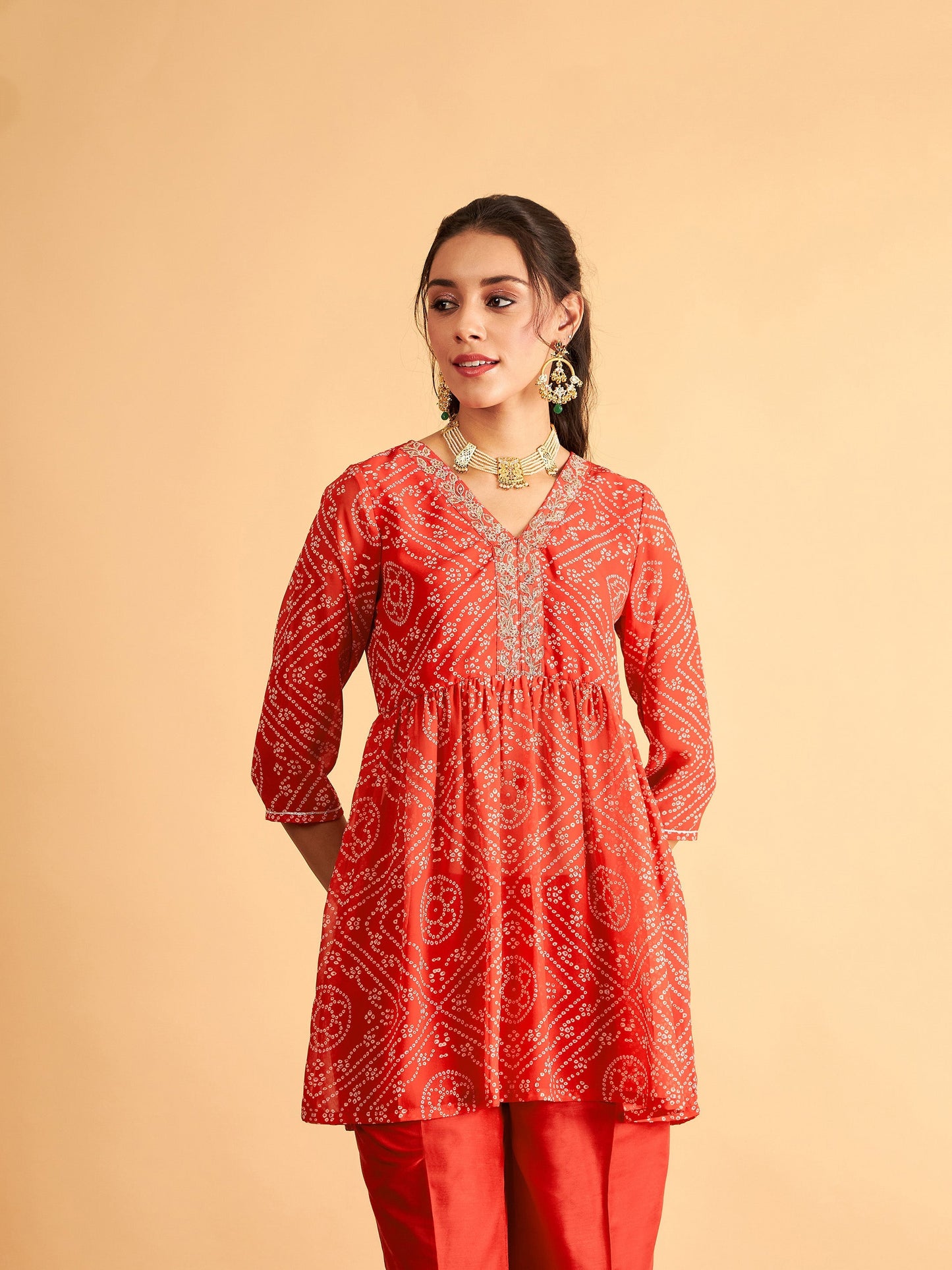 Red & White Bandhej Wrap Peplum Top