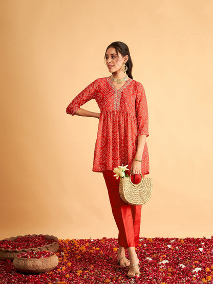 Red & White Bandhej Wrap Peplum Top