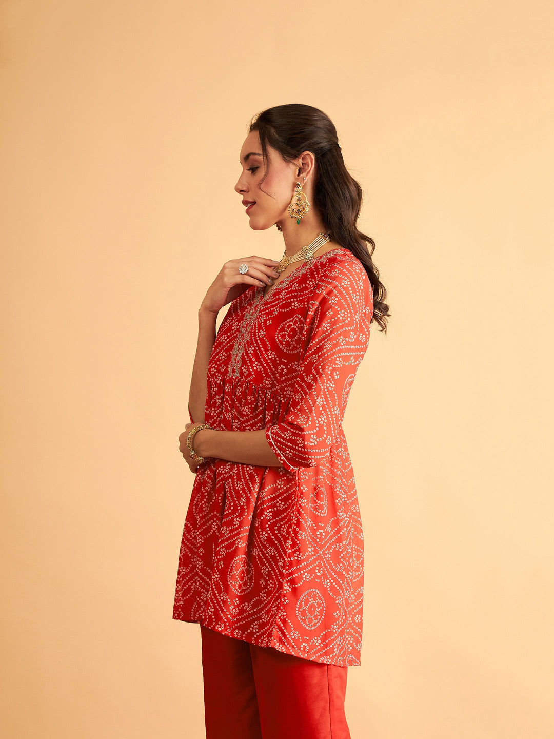 Red &amp; White Bandhej Wrap Peplum Top
