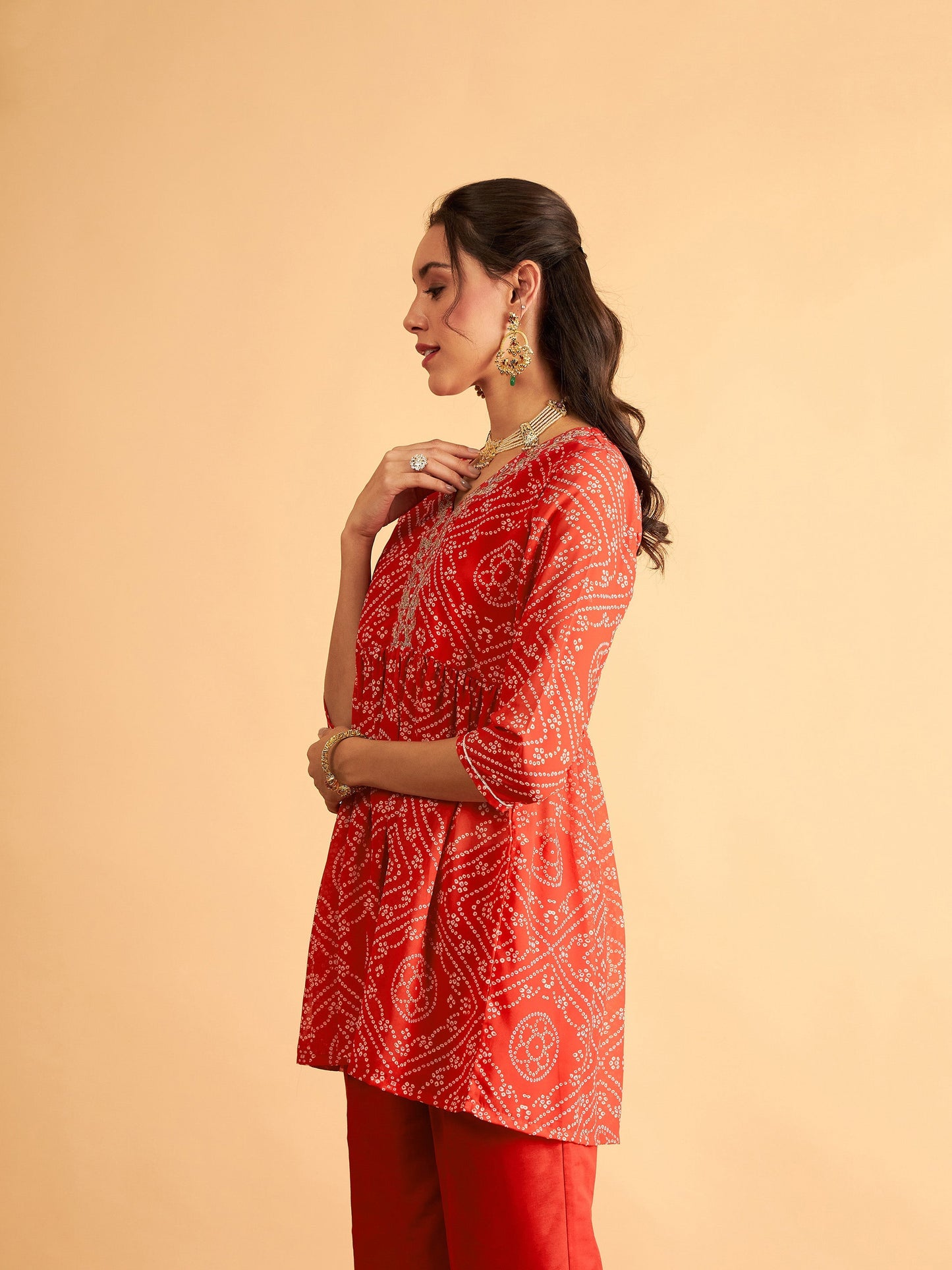 Red & White Bandhej Wrap Peplum Top