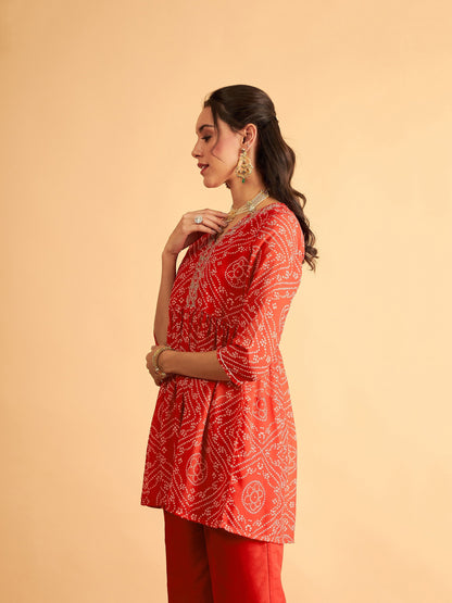 Red & White Bandhej Wrap Peplum Top