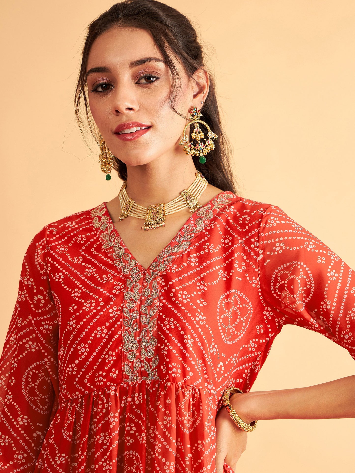 Red & White Bandhej Wrap Peplum Top